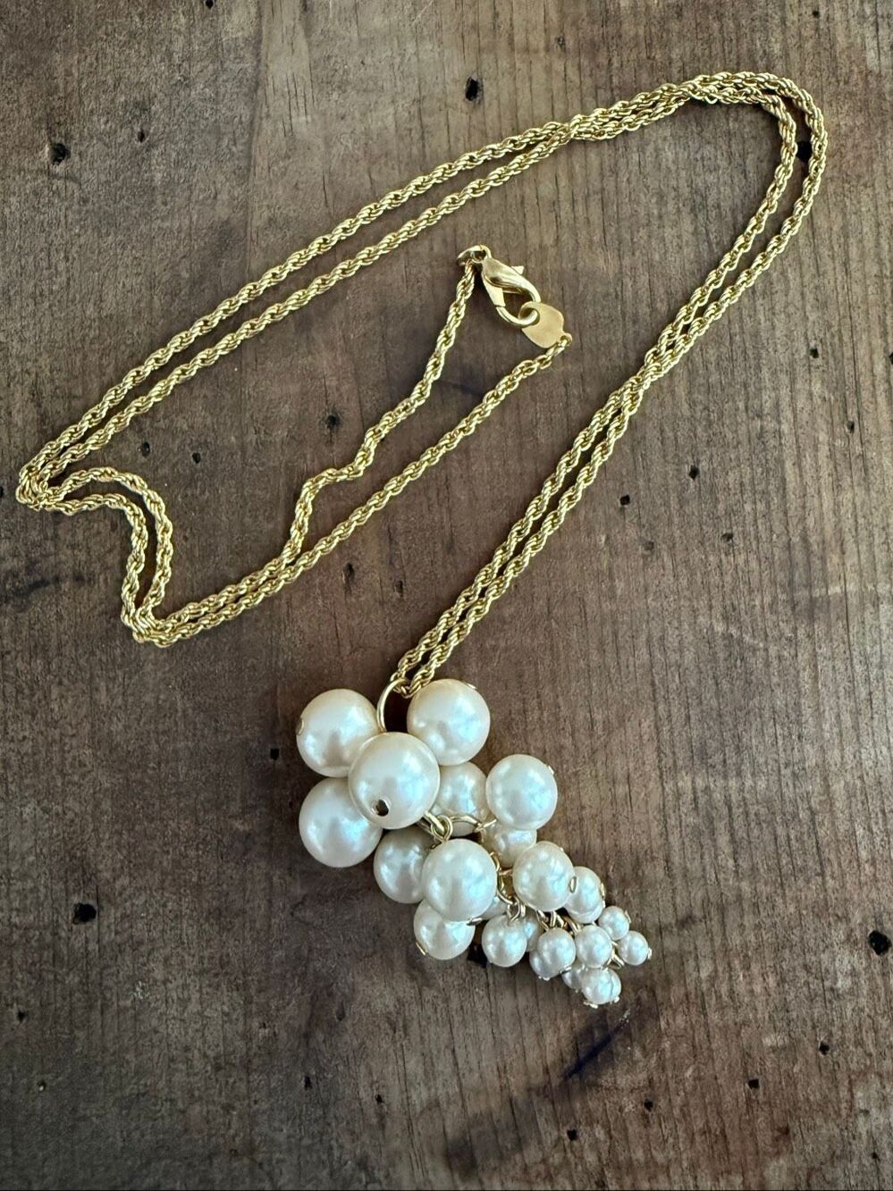 Unsigned Statement Necklace Pearl Cluster Gold Long